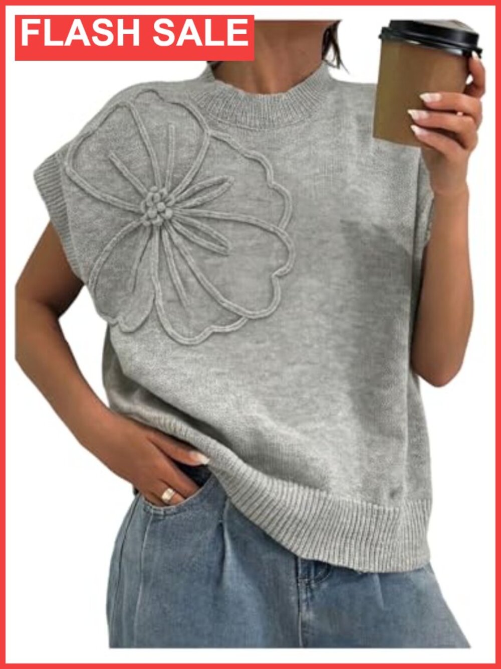 Plus Size Floral Applique Cap Sleeve Knit Sweater Top Pullover